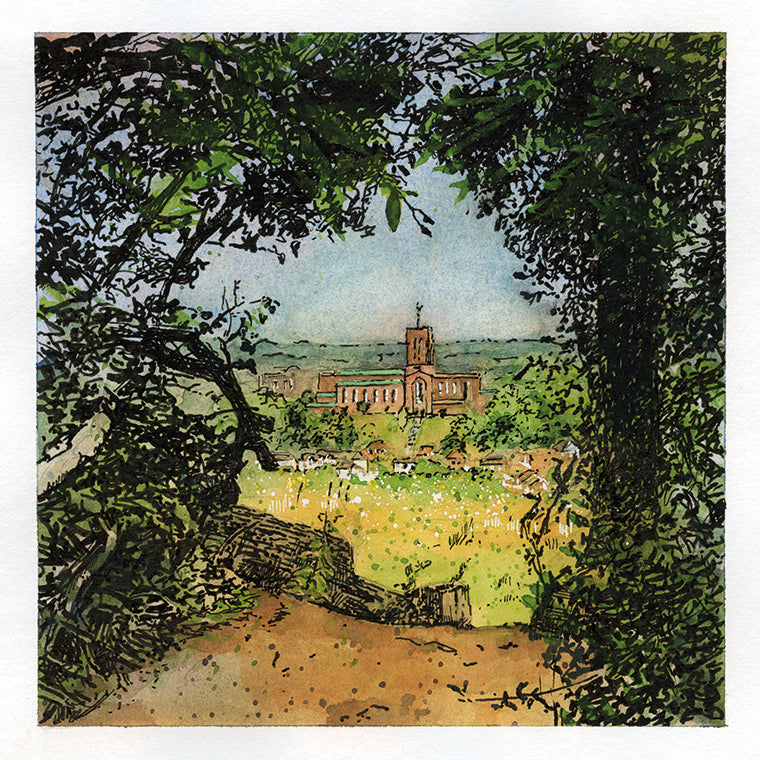 1026: 'Guildford cathedral and Onslow Village from the Hogs Back' greetings card