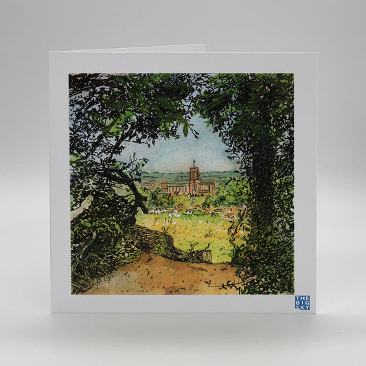 1026: 'Guildford cathedral and Onslow Village from the Hogs Back' greetings card